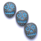 Sugar Skull Pebble Bead, Gray with Blue, 5/8" / 16mm Oval, Czech Glass #L-551