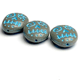 Sugar Skull Pebble Bead, Gray with Blue, 5/8" / 16mm Oval, Czech Glass #L-551