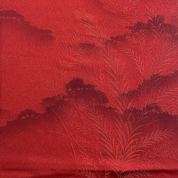 SET OF 8 Vintage Kimono Silk Pieces: Dark Tomato Mountains and Grasses Liquid Drape, Various Sizes  # 6321