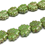 Apple Green Maple Leaf Bead, Czech Glass w. Silver Lustre 1/2" / 13mm, Strand of 20 Beads  #L-058