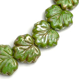 Apple Green Maple Leaf Bead, Czech Glass w. Silver Lustre 1/2" / 13mm, Strand of 20 Beads  #L-058