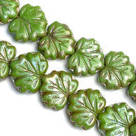 Apple Green Maple Leaf Bead, Czech Glass w. Silver Lustre 1/2" / 13mm, Strand of 20 Beads  #L-058