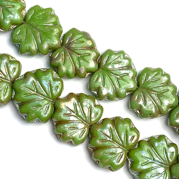 Apple Green Maple Leaf Bead, Czech Glass w. Silver Lustre 1/2" / 13mm, Strand of 20 Beads  #L-058