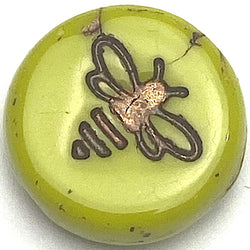 TWELVE Bee on Kiwi Green Czech Glass Round Beads 1/2" / 12mm, #L-875