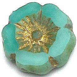 Turquoise / Gold Hibiscus Flower Czech Glass Bead 1/2" / 12mm,  #L-861