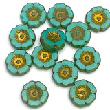 Turquoise / Gold Hibiscus Flower Czech Glass Bead 1/2" / 12mm,  #L-861