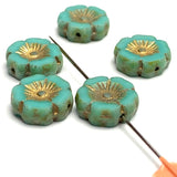 Turquoise / Gold Hibiscus Flower Czech Glass Bead 1/2" / 12mm,  #L-861