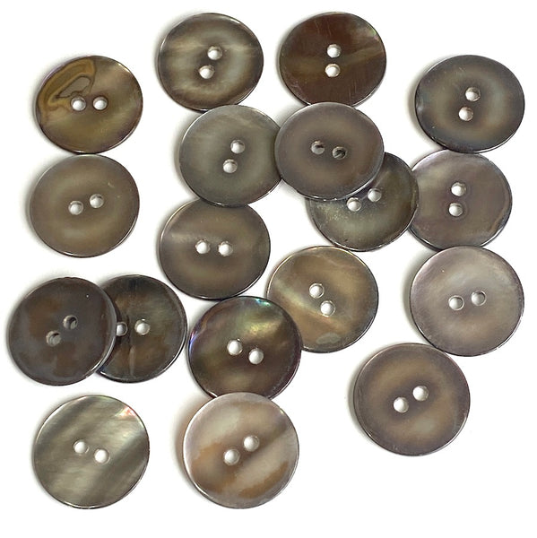 SALE OUTLET ITEM: Chocolate Gray Silvery Melange Pearl Shell, 11/16", Semi-Rustic, 17mm 2-Hole, 175-200 Buttons   #LP-58-175