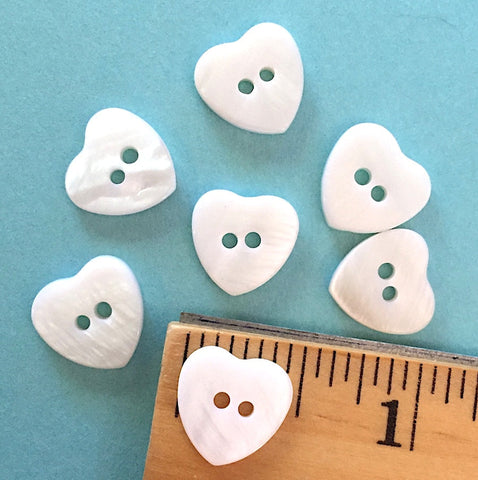 Heart Buttons, White Pearl Shell 1/2"  Pack of 6.  #651C