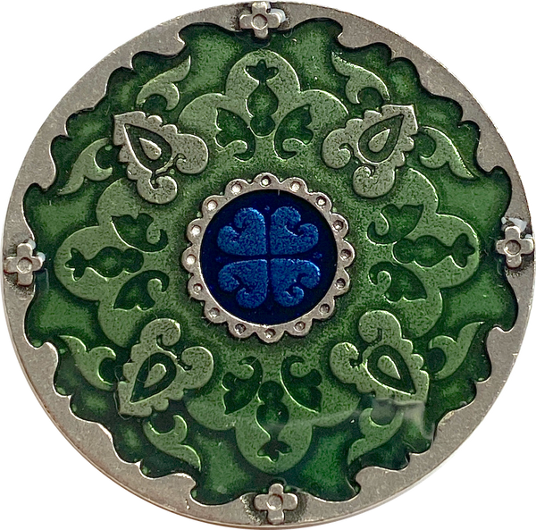 Green Medallion Pewter Button, Small 7/8" Danforth USA, 22mm Shank Back # FJ-99