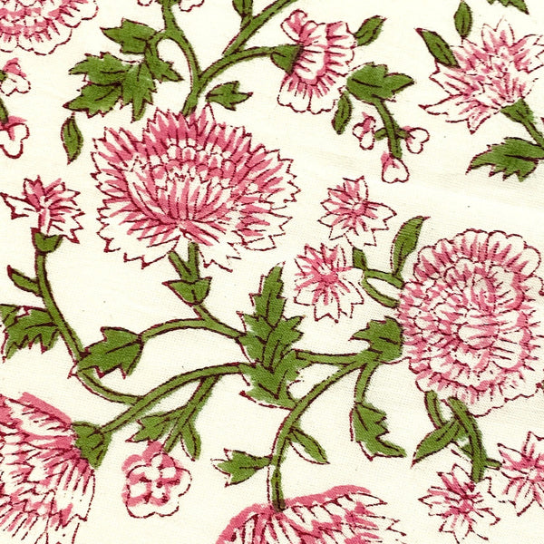 Hand Block Print Cotton, Cream and Pink Floral #5050, By the Yard, from India