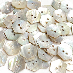 Hexagon Moonrise Mother of Pearl Buttons 1/2" / 9/16", Iridescent, Pack of 48 for $7.00  #LP-0948