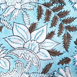 SALE, Aqua/Brown Hand Block Print Cotton Floral from India, By the Yard #5059