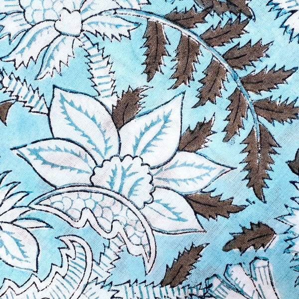 Aqua/Brown Hand Block Print Cotton Floral from India, By the Yard #5059