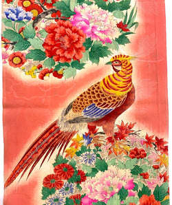 Very Old Silk Crepe Print from Japan, Pheasants, Piece 13" x 53"   #ZP-15