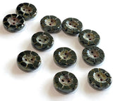 Re-Stocked, Black Rustic Czech Glass Sunray Flower, 2 hole button 14mm / 9/16"  #L-978