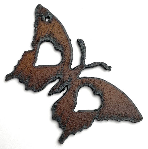 SALE Butterfly Pendant, 2 Hearts Rusted Iron  2.75"  #RST 64