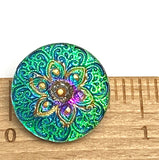 SALE,  3/4" Teals / Purples "Stained Glass" Flower 19mm Czech Glass Button 3/4"  # CZ 296