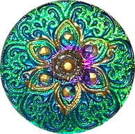 SALE,  3/4" Teals / Purples "Stained Glass" Flower 19mm Czech Glass Button 3/4"  # CZ 296