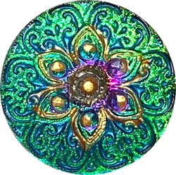 SALE,  3/4" Teals / Purples "Stained Glass" Flower 19mm Czech Glass Button 3/4"  # CZ 296