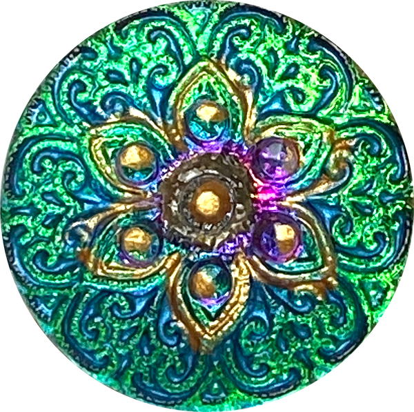 SALE,  3/4" Teals / Purples "Stained Glass" Flower 19mm Czech Glass Button 3/4"  # CZ 296