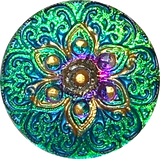 SALE,  3/4" Teals / Purples "Stained Glass" Flower 19mm Czech Glass Button 3/4"  # CZ 296