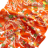 Orange Floral Chirimen Crepe Vintage Kimono Silk "Flower Boats" from Japan By the Yard  #297
