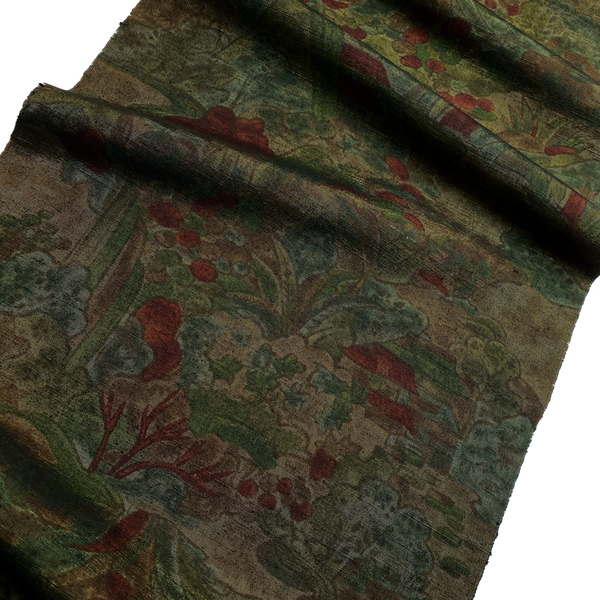 Dark Green/Red Print Vintage Kimono Silk By the Yard  #278 Serene Forest
