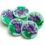 SALE Green/Purple Opaque Glass Flower Button, 15/16"  #CB538