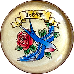 SALE Blue Bird / Red Rose "LOVE"  Clear Shine Tatoo-Style Bluebird Button 1"  #SK-A26