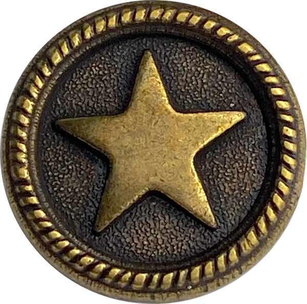 Roped Star Button, 11/16" Antique Brass Texas Star Metal 18mm, Shank Back  #FJ-120