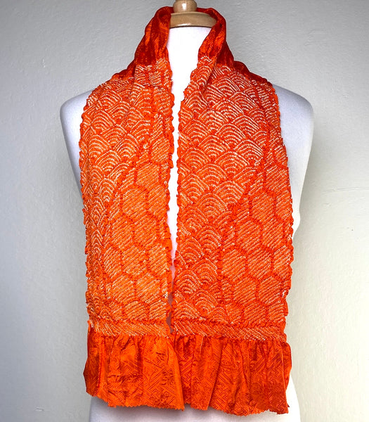 Shibori Obiage Scarf for Obi, Bright Orange Very Textured Silk, 6" x 46" #525