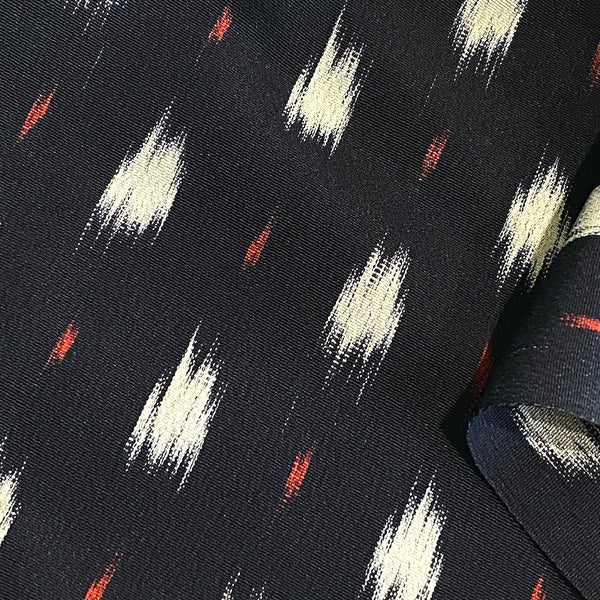 Black/White/Red Vintage Silk Kimono Kasuri Ikat Crepe from Japan, 14" x 44"  #ZP-33