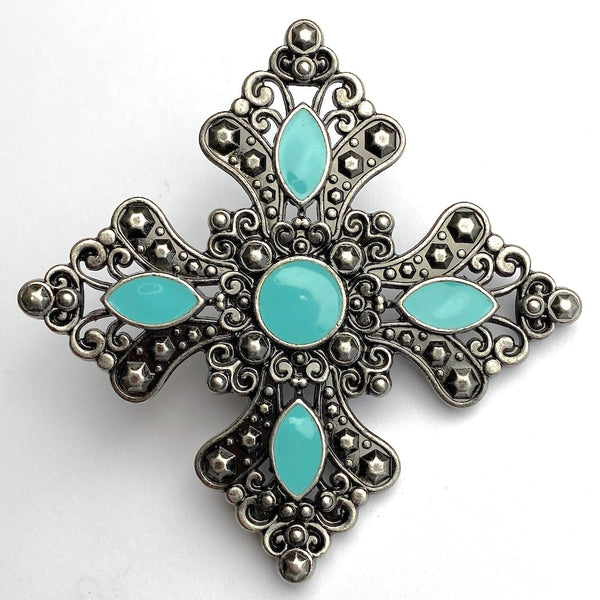 SALE 'Turquoise' / Silver Cross Star Concho 1-7/8" x 2-1/2" Screwback  #SWM-26