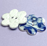 SALE Indigo / White "Summer Night" Flower Shaped Porcelain Button, 1" 2 Holes