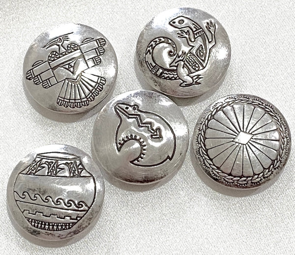 Set of 5, Vintage Sterling Silver Button Covers, Each One Different, 3/4" #MV-47