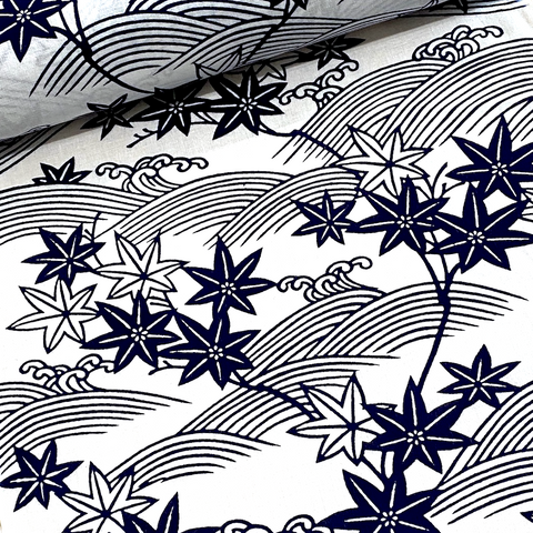 Blue and White Cotton Yukata 'Waves and Leaves' from Japan LAST 2 YARDS #27024