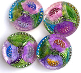 Hand Painted Lotus Flower Czech Glass Button by Susan Clarke, Lavender 1-1/16" OOAK  #SC256-C