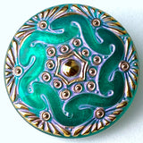SALE Emerald-Teal Hand Painted Czech "Lacy Glass" Button 1-1/16", Susan Clarke  #SC1519B
