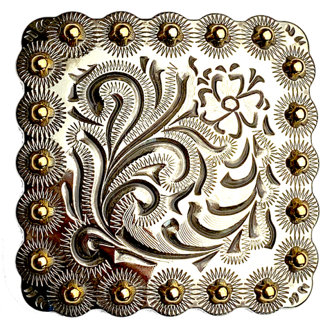 Silver/Gold One Flower 2.25" Square Engraved Concho Screwback  #SWM-11