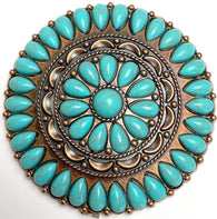 Re-Stocked, Extra Large, Forty-One Turquoise Flower Antique Copper Concho 3" Screw Back  #SWH-137