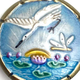 Heron and Dragonfly, Art Stone Bird in Metal Rim Artisan Button by Susan Clarke, 1-1/4" #1085