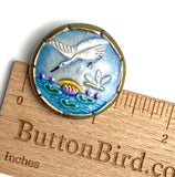 Heron and Dragonfly, Art Stone Bird in Metal Rim Artisan Button by Susan Clarke, 1-1/4" #1085