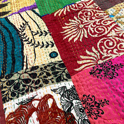 SALE Sari Kantha - Multi Brights, Hand Stitched Patchwork Quilt/Throw 39" x 60" #KN-14