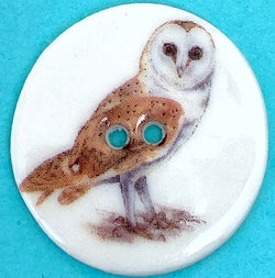 SALE, Owl Porcelain Button, 1-1/8" Artisan Ceramic 2-Holes, by Kate Holliday, UK