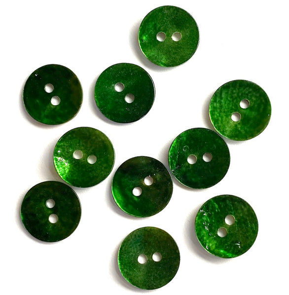 Re-Stocked, 1/2" Dark Emerald Green Pearl Shell Button, 2-hole 13mm Pack of TEN   #190-D