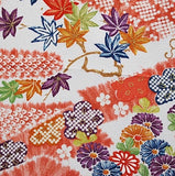 Red-Orange with Faux Shibori, Maple Leaves Vintage Kimono Silk Pieces 14" x 46"  #3803