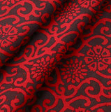 Red + Black Floral Swirls Hand Block Print Cotton from India, 45" Wide By the Yard #TK-37