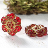 Red/Gold Flower Bead, Czech Glass 13mm / 12", Strand of 8 Beads  #L-411