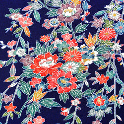 Navy Floral Vintage Kimono Silk Crepe from Japan 7" x 54". #4405